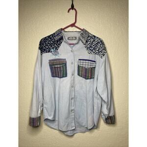90s Bonjour Western Shirt Chambray Mixed Print Long Sleeve Button Large (FLAWS)